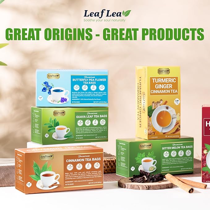 LeafLea 120 Cinnamon Tea Bags, Premium Herbal Tea with Ground Cinnamon Sticks, Spiced and Soothing Flavor for Relaxation, Caffeine-Free, Sugar-Free, Non-GMO, Vegan