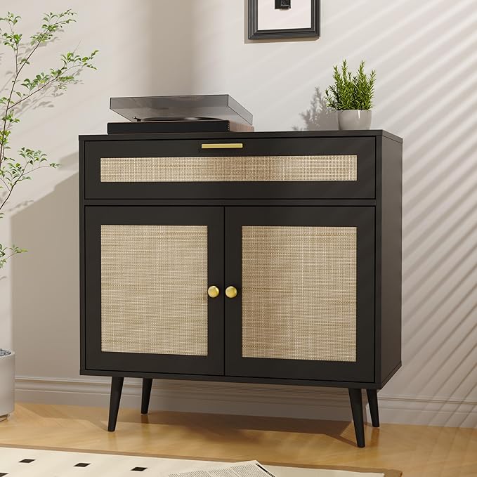 Rattan Sideboard Buffet, Boho Kitchen Cabinet with Drawer & 2 Doors, Modern Mid Century Accent Cabinet with Adjustable Shelf, Coffee Bar for Living Room, Entryway, Kitchen, Black