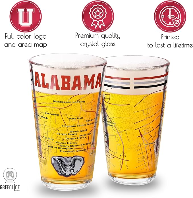 Greenline Goods – University of Alabama Crimson Tide College Pint Beer Glasses (Set of 2), 16 oz – Full-Color Logo + Campus Map