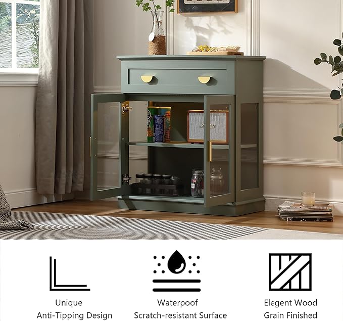 31.5'' Small Buffet Cabinet with Glass Doors,Small Coffee Bar Cabinet with Storage,Modern Sideboard Buffet with Adjustable Shelf and a Drawer,for Kitchen and Living Room,Green