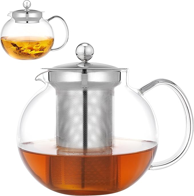 LHS Glass Teapot with Stainless Steel Infuser, Borosilicate Glass Teapot Kettle for Loose Leaf Tea, Blooming Tea, Cold Brew, 1000ml