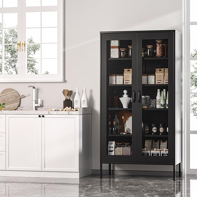 Metal Storage Cabinet,72H Display Cabinets with Adjustable Shelves and 2 Mesh Door,Pantry Organizers and Storage, Black Storage Cabinet for Home,Office,Garage,Bathroom
