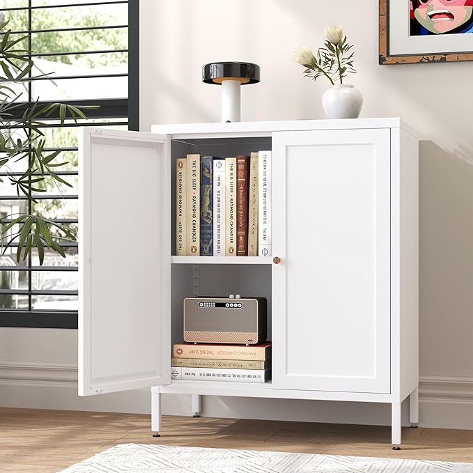 Small 2 Transparent Door Metal Storage Side Buffet Cabinet for Bed Room,Living Room,Entryway,Hallway,Home,Hotel,Office,Garage,Kitchen,1 Removable Shelf. (Square Door, White)