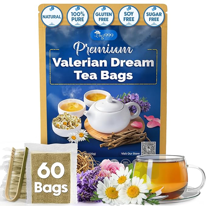 TOG999, Premium Valerian Dream Tea Bags | 60 Count | Herbal Blend with Valerian Root, Chamomile, Lavender, Rose Petal & Spearmint | Naturally Caffeine-Free, Relaxing Evening Tea. Vegan.
