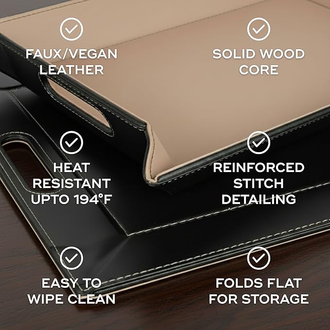 PLACEsMAT 2-in-1 Faux Leather Placemat & Serving Tray | Reversible Design, Lays Flat & Easy to Clean | Ottoman Food Tray, Perfect Housewarming Gift, 18” x 14” (Taupe & White, Set of 4)