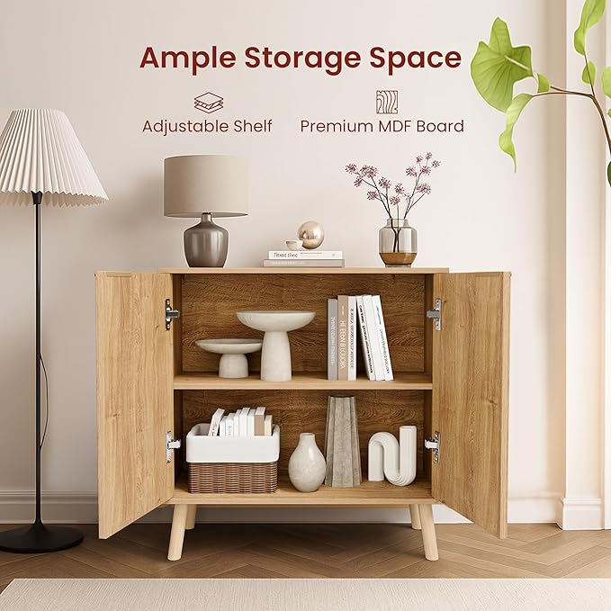 Pamapic Fluted Storage Cabinet, Sideboard Buffet with Doors and Shelf, Wooden Console Table & Credenza, Multifunctional Entryway Cabinet for Living Room, Dining Room (Natural)