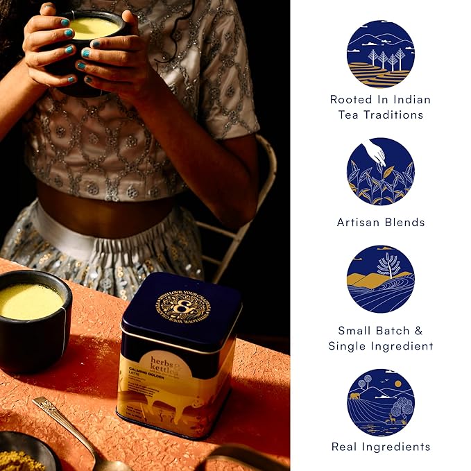 Herbs & Kettles Calming Golden Turmeric Latte | Caffeine-Free Blend with Turmeric, Ashwagandha & Spices | 25-30 servings | Ayurvedic Drink for Warming, Soothing & Wellness | Golden Latte Mix, 1.76 oz | Enjoy Hot or Iced