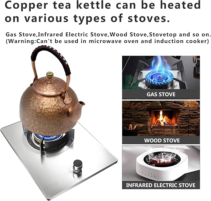 YJX Copper Tea Kettle For Stovetop, Japanese Style Non-Coating Pure Copper Teapot with Stainless Steel Infuser For Loose Tea, Large and Solid Tea Pot For 3-7 Cups (2000ml)