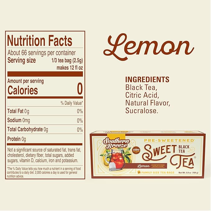 Southern Breeze Hot Brew Sweet Tea Lemon Iced Tea with Black Tea and Zero Carbs Zero Sugar, 22 Family Size Tea Bags, Pack of 6