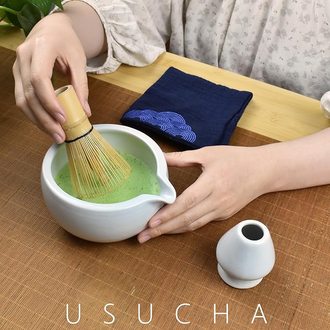 Artcome 7 Pcs Complete Matcha Ceremony Kit for Tea Ceremony, Bowl with Pouring Spout, Whisk, Tea Scoop, Matcha Powder Strainer, Matcha Tea Set For Making Usucha, Koicha and Matcha Latte (White)