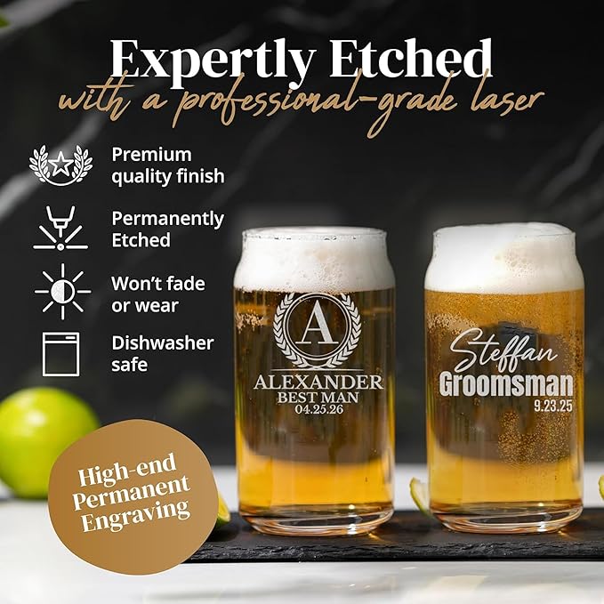 Personalized Groomsmen Gift, 16oz Beer Can Glasses - Best Man Beer Glasses, Custom Drinkware with Etched Name, Engraved Gifts for Wedding Favors, Best Man Proposal Gifts, Bachelor Party
