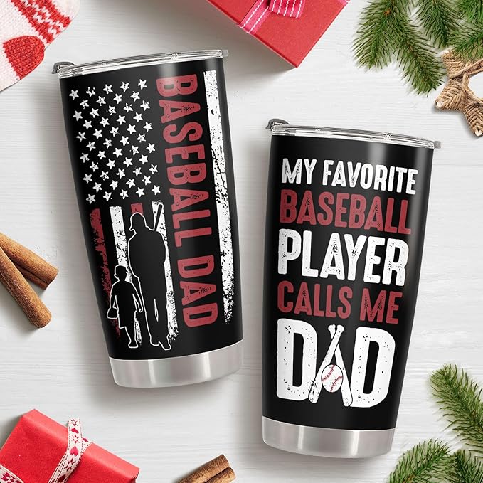 34HD Sport Gifts, Baseball Dad Tumbler with Lid 20 oz Stainless Steel, My Favorite Player Travel Coffee Mug, Baseball Dad Gifts Christmas Gift