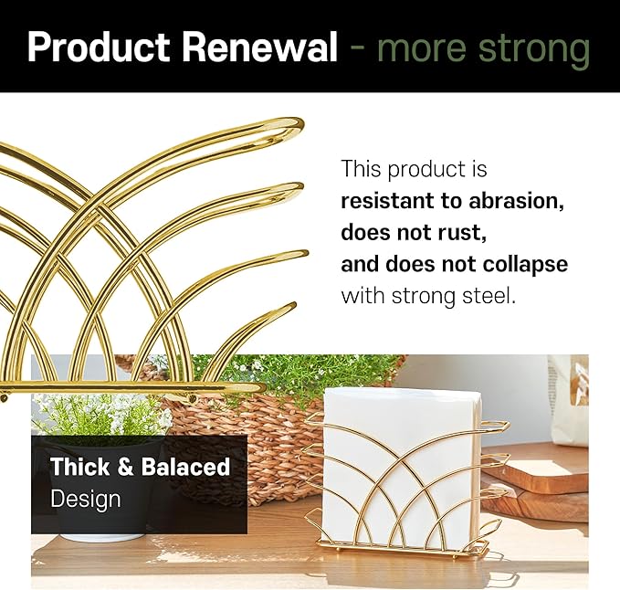 Napkin Holder for Table – Gold Iron Upright Napkin Dispenser for Paper Napkins, Napkin Dispenser for Kitchen Dining, Cocktail Picnic Bar Modern Kitchen and Dining Decor, Servilletero