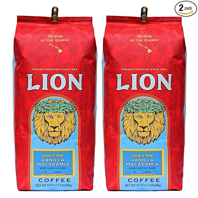 Lion Coffee, Arabica Coffee Beans, Light Roast Whole Bean Coffee, Vanilla Macadamia Flavor, A Taste of Aloha, 24 Ounce Bag (Pack of 2)