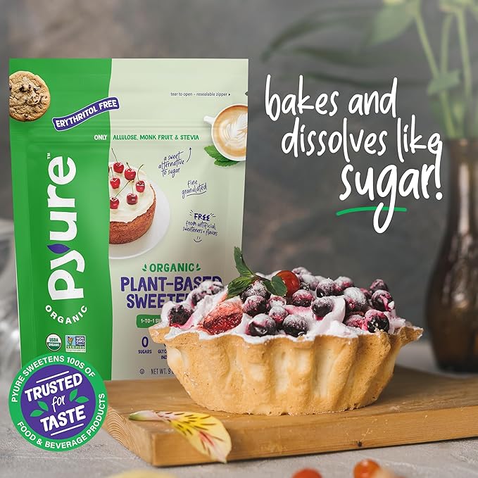 Pyure Organic Plant-Based Sweetener | 1:1 Sugar Replacement | Made with Allulose, Monk Fruit & Stevia | No Erythritol | Keto, Diabetic & Vegan Friendly | USDA Organic, Non-GMO | 9 oz