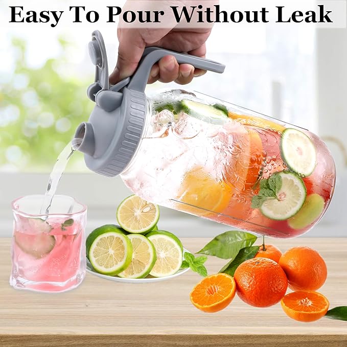 Mason Jar Pitcher Wide Mouth 32 OZ Glass Jars With Pour Spout Lids Airtight Leak-proof 1 Quart Water Pitcher With Handle For Iced Tea, Milk, Sun Tea, Lemonade, Iced Coffee