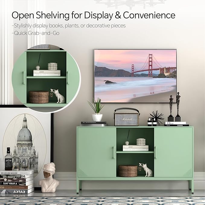 Metal TV Stand for 65 Inch TV, Metal Storage Cabinet Sideboard Buffet Cabinet Coffee Bar 2 Door Locker Pantry for Office Home Kitchen (Green, 47.24" D x 13.78" W x 29.53" H)