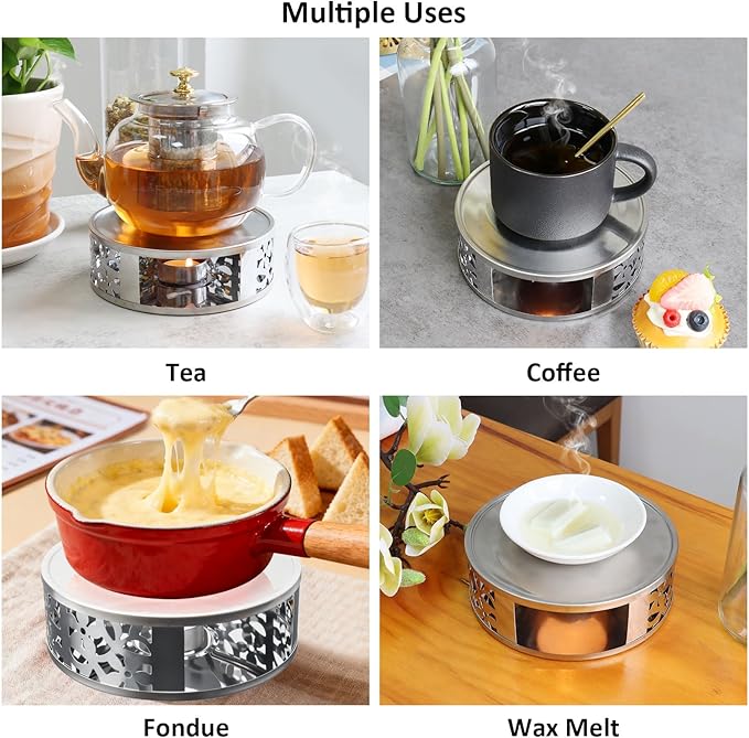 Tea Warmer Petals Silhouette, JUKFITA Silver Brushed Stainless Steel Teapot Warmer, Includes 1 Tealight Holder