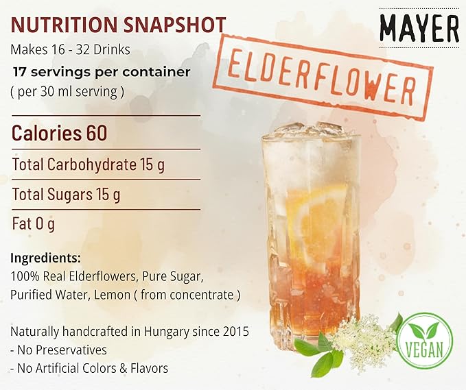 Mayer Hungarian Elderflower Syrup - Award - Winning, Only Real Elderflowers and 3 Natural Ingredients, Vegan, Gluten Free, Perfect for Cocktails, Lemonades, Coffee, Desserts - No Artificial Additives, Rich Authentic Flavor ( 1 Pack )