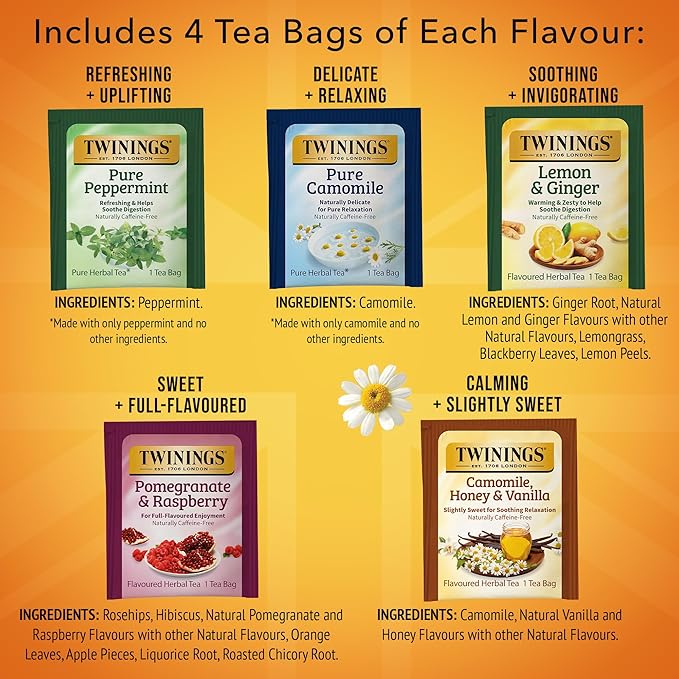 Twinings Herbal Tea Variety Pack, 20 Count (Pack of 2), Formerly Assorted Herbal, Includes 5 Flavours, Naturally Caffeine-Free, Enjoy Hot or Iced, 20 Teabags