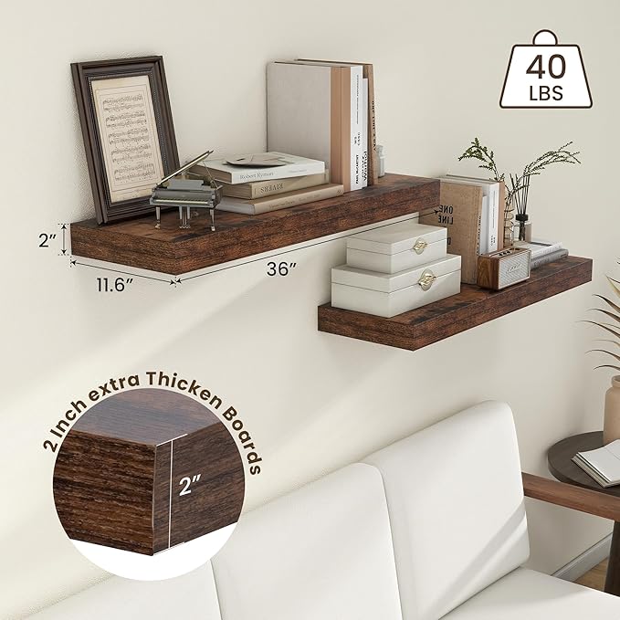 Deep Floating Shelves | 36 Inch Brown Floating Shelves Set of 2 | 12 Inch Deep Rustic Wood Shelves for Wall | 36" W x 12" D Brown Shelves for Living Room Bathroom Laundry Room Kitchen