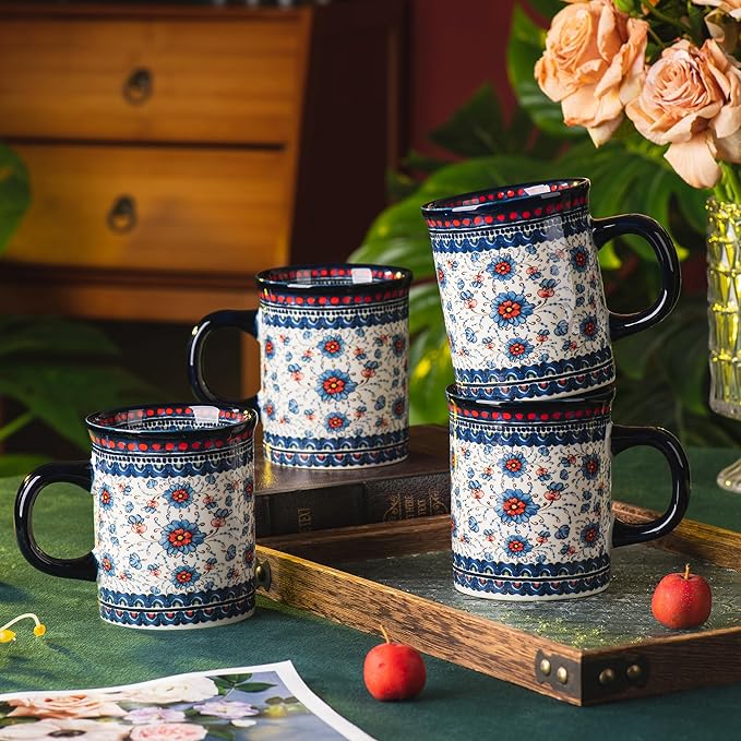 Ceramic Latte Mug Set of 4, 15.5oz Hand Painted Porcelain Coffee Cups With Handle for Tea/Milk/Cocoa - Modern Retro Design For Any Kitchen. Microwave and Dishwash Safe (Blue plasma grass)