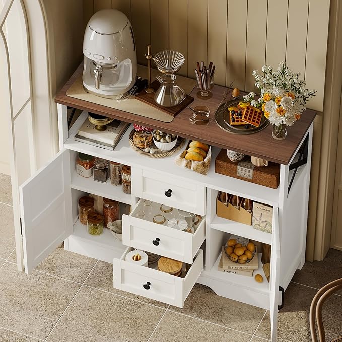 YGEOMER Buffet Cabinet Sideboard Farmhouse Coffee Bar with 3 Drawers and 2 Doors, Wood Kitchen Table Wine Bar Storage Cabinet for Dining Room