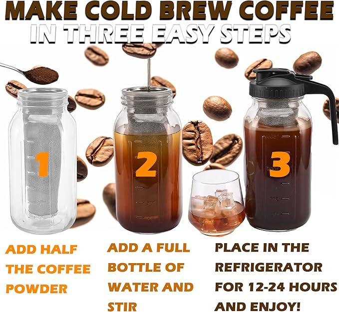 TECHSHARE Cold Brew Coffee Maker Jar 64oz – Heavy Duty Mason Pitcher with Stainless Steel Filter, Wide Mouth Spout Lid & Handle for Iced Coffee, Tea, Lemonade, and Fresh Fruit Drinks