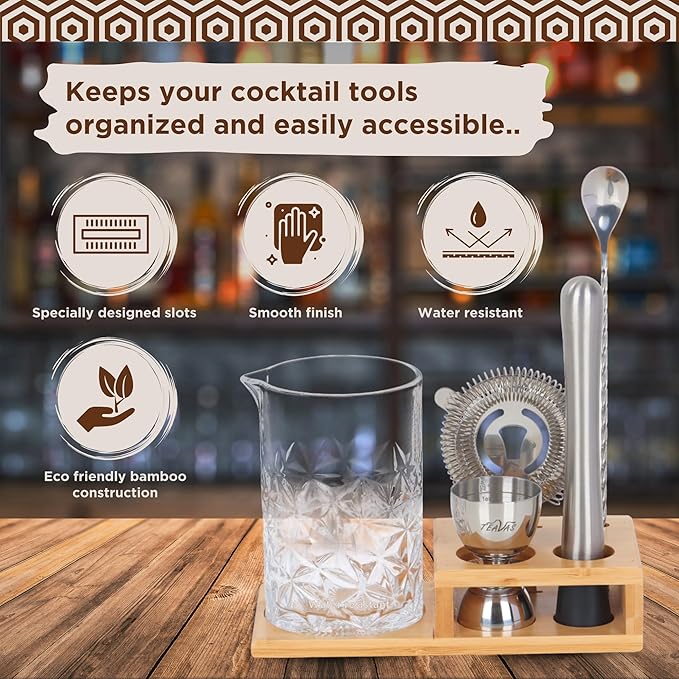 Cocktail 24oz Mixing Glass Set with Jigger, Muddler, Spoon, Hawthorne Strainer & Bamboo Stand - Mixology Pitcher for Stirrer Cocktails - Birthday Gifts for Friends & Family