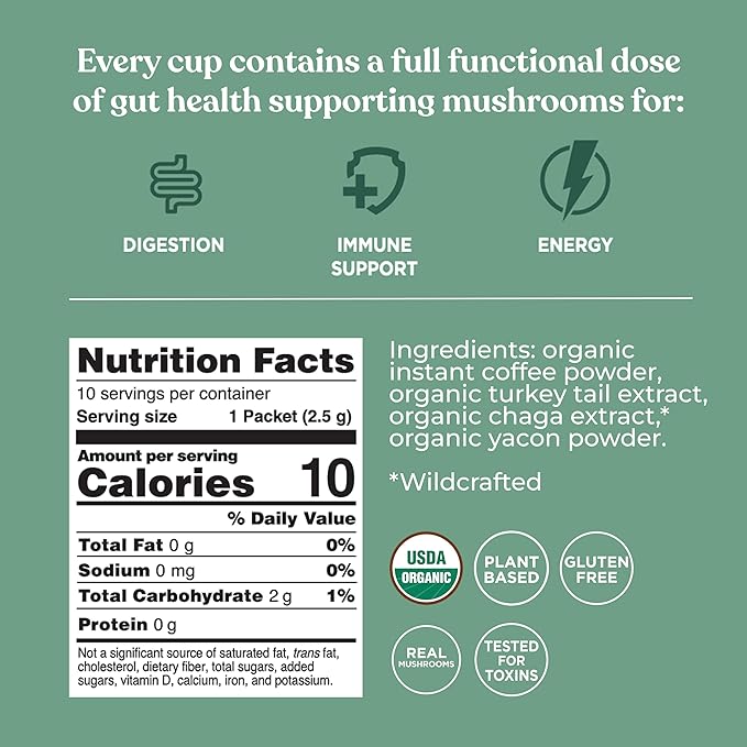 Four Sigmatic Organic Instant Coffee Powder | Mushroom Coffee Instant Mix with Cordyceps, Chaga and Eleuthero for Better Focus and Immune Support | 10 Packets