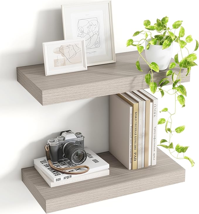16 Inch Floating Shelves, 8 Inch Deep Floating Shelves for Wall, Hanging Shelf with Invisible Brackets, Deep Shelves for Bathroom, Bedroom, Living Room, Grey, Set of 2