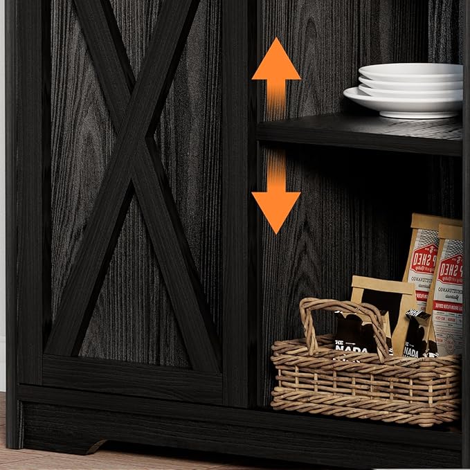 Farmhouse Coffee Bar with 3 Tier Storage Hutch, 56 Inch Small Bar Station with 6 Hooks, Corner Table with Adjustable Shelves for Living Dining Room (Black)