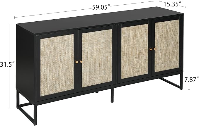 Modern Sideboard Cabinet, Accent Storage Cabinet with Rattan Doors and Adjustable Shelves, Freestanding Sideboard Storage Cabinet for Kitchen Dining Living Room Hallway Office (Black)