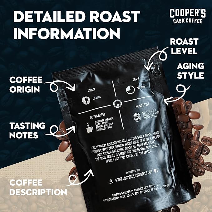 Bourbon & Whiskey Barrel Aged Coffee Box Set - 4-Bag Roasted Coffee Sampler - Bourbon Colombian, Malt Whiskey Sumatra, Rye Whiskey Ethiopian, Rum Barrel Rwanda, (Ground, 4 Ounce (Pack of 4))