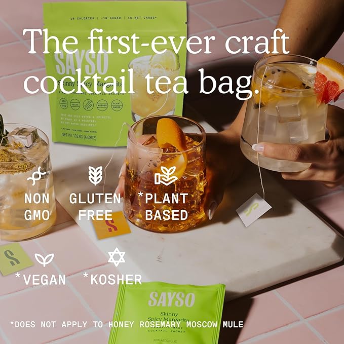SAYSO Skinny Spicy Margarita, Honey Rosemary Moscow Mule & Skinny Cardamom Paloma Cocktail Tea Bags - Instant Cocktail or Mocktail Mixers - No Hot Water - Home Bar - Organic Ingredients, 3-Pack