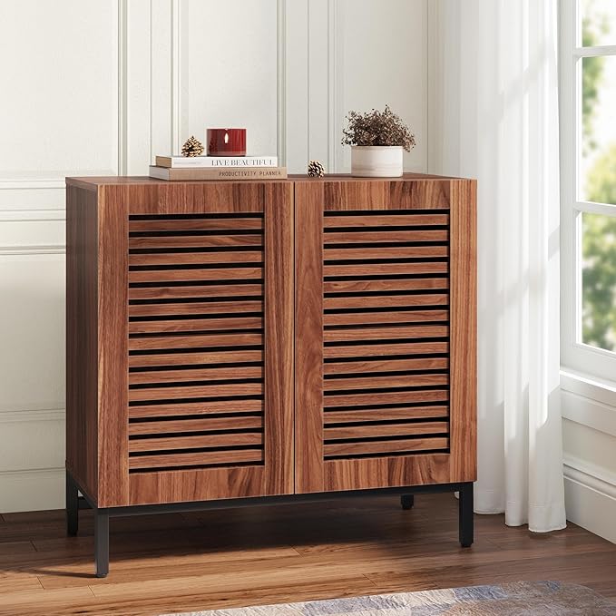 JOMEED Buffet Sideboard Cabinet with Grille-Striped Doors & Adjustable Shelf, Wood Storage Cabinet for Kitchen, Dining Room, Living Room, Entryway Walnut