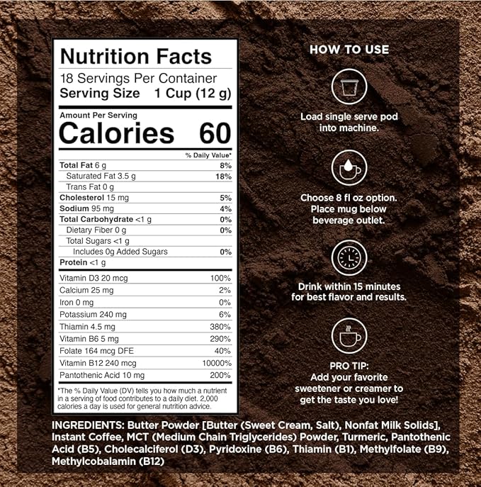 VitaCup Keto Max Dark Roast Coffee Pods, Ketosis & Energy, Butter, MCT Oil, Turmeric, B Vitamins, D3, All-In-One Keto Recyclable Single Serve Pod Compatible w/Keurig K-Cup Brewers,72 Ct