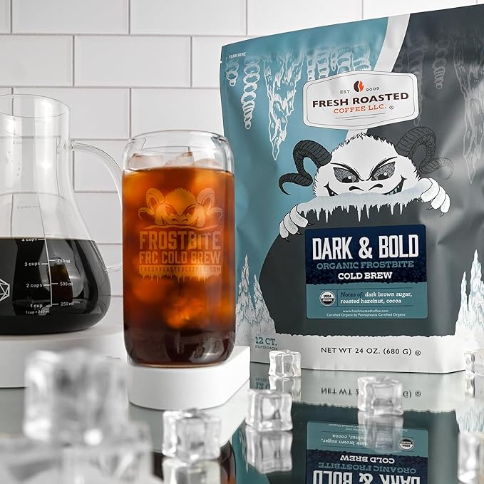 Fresh Roasted Coffee, Organic Dark & Bold Frostbite Cold Brew Coffee Filter Packs | USDA Organic, Kosher | Dark Roast, 12 Count, 24 oz