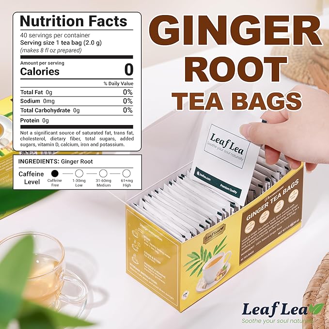 LeafLea 120 Ginger Tea Bags, 100% Pure Ginger Root Herbal Tea, Spicy & Warming Flavor, Supports Digestion & Immune Health, Individually Wrapped, Caffeine-Free, Sugar-Free, Gluten-Free, Non-GMO, Vegan