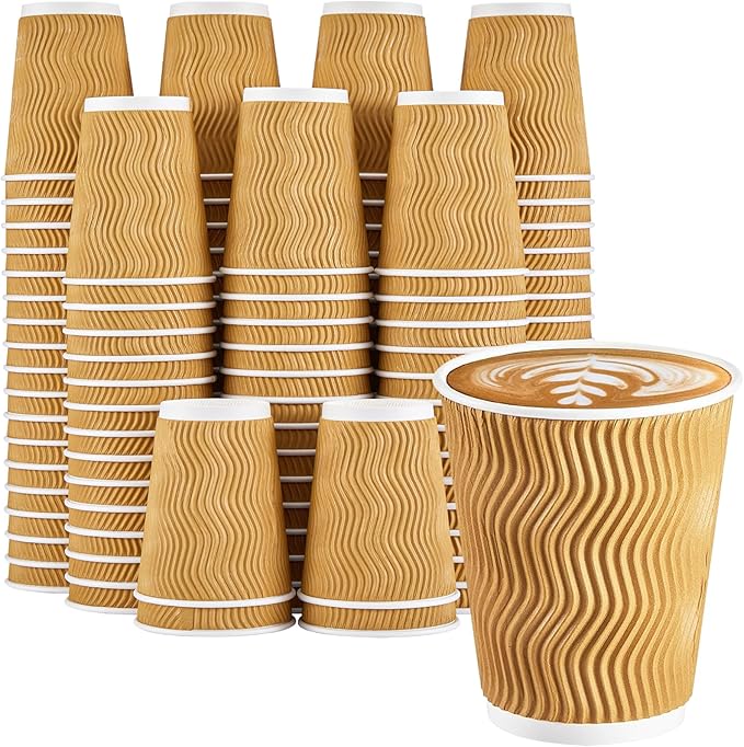 150 Pack 8 oz Coffee Cups, Disposable Corrugated Insulated Ripple Wall Paper Coffee Cups 8 OZ for Hot or Cold Drinks Office Home Cafe Party Travel (Champagne)