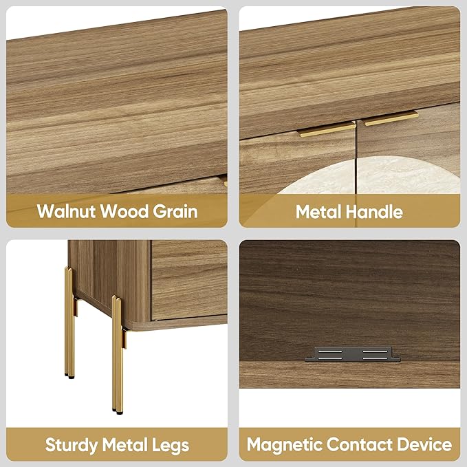 Modern Sideboard Buffet Cabinet, Wood Accent Cabinet with Faux Travertine Inlay & Gold Legs, Storage Cabinet for Dining Room, Living Room, Entryway