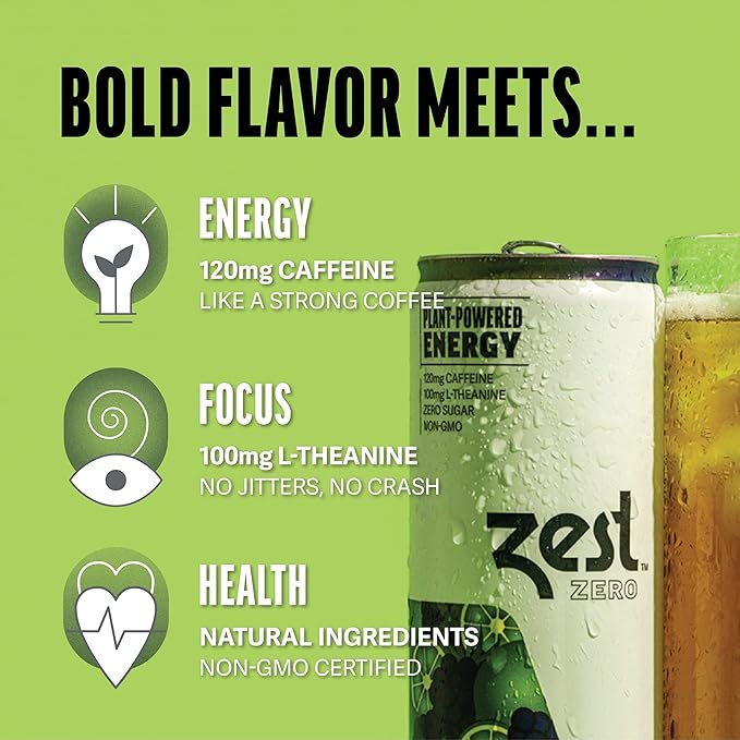 Zest Clean Energy Drink – Blackberry Lime – Zero Sugar, 0 Calories – 120mg Caffeine + 100mg L-Theanine for Focus, Energy & Concentration – Healthy Zero Sugar Energy Drink – 12oz Can, 12 Pack