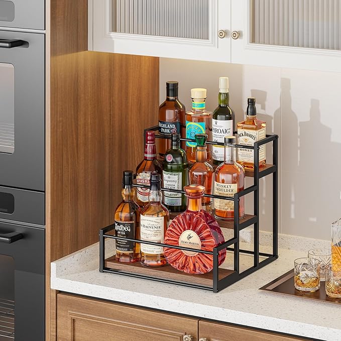 THYGIFTREE Liquor Bottle Display Shelf 3 Tier Rack Holder Bar Shelf Stand for Wine Whiskey Risers Organizer Kitchen Countertop