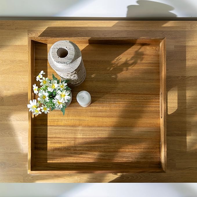 Hanobe Ottoman Tray for Table Top: 20'‘ Wood Decorative Tray for Home Decor - Large Coffee Table Serving Tray with Handles for Living Room