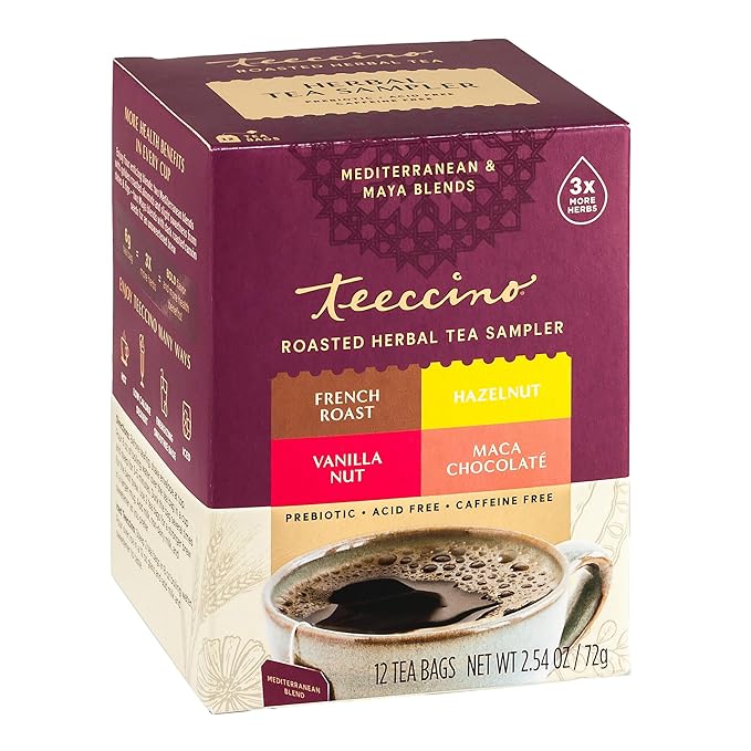 Teeccino Herbal Tea Sampler Assortment - 12 Tea Bags - Maca Chocolaté, French Roast, Hazelnut, Vanilla Nut - Roasted Caffeine Free Herbal Tea, Prebiotic for Natural Energy
