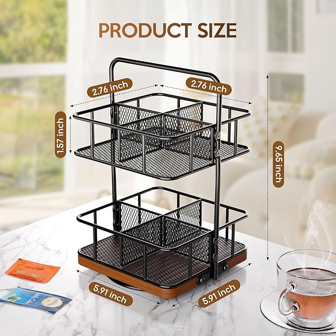 Rotation 2 Tier Tea Bag Organizer, Iron Art Tea Organizers, Acacia Wood Stand Teabag Holder with Handle Easy to Move and 8 Basket Tea Caddy for Tea Bags Organizer for Pantry, Kitchen, Gift Giving