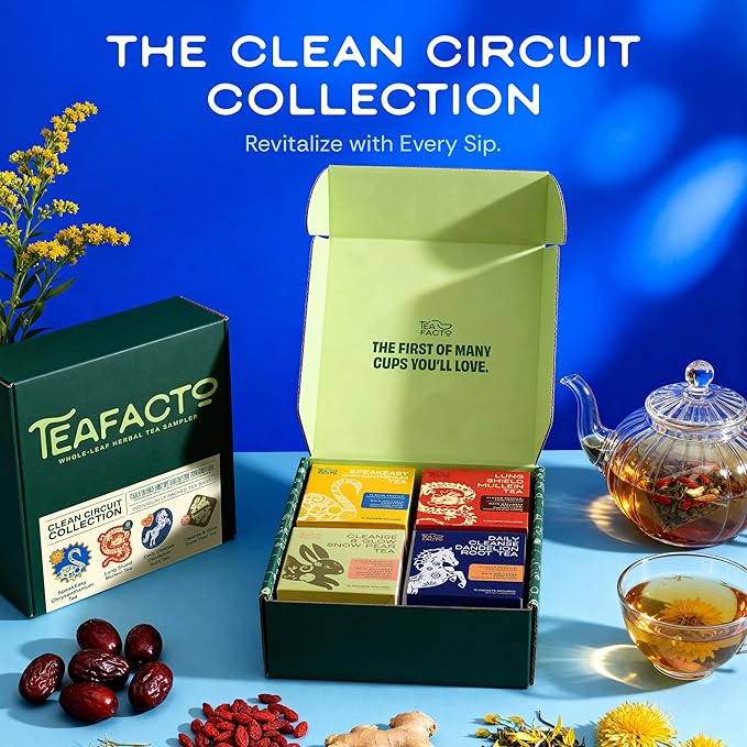 Tea Facto Herbal Tea Sampler Set Clean Circuit Collection with Chrysanthemum, Mullein, Dandelion Root & Glow Snow Pear - Fancy Tea Sampler Gift Set Box - Natural Fiber, Zero Added Sugar - 38 Count