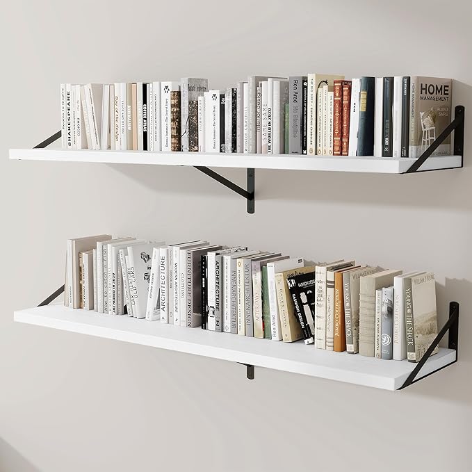 Deep Wall Shelves 55"W x 12"D Engineered Wood Floating Shelves for Wall, Sturdy Metal Bracket Bookshelves Home Decor Storage for Living Room Bedroom Bathroom Kitchen, Set of 2, White Finish