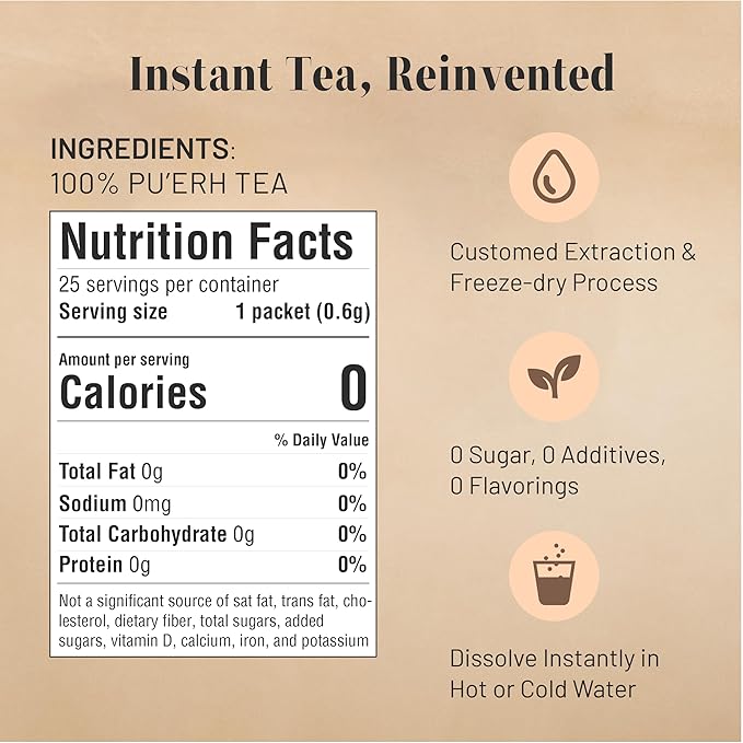 CHAYEAH, Craft Instant Pu'erh Tea, Quick Brew Tea Crystals, No Sugar, Natural Caffeine, Hot or Cold (25 Packets)