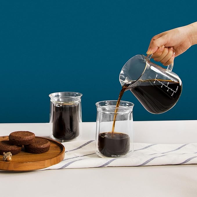 Glass Range Coffee Server For Pour Over Coffee & Tea - 600ml/20oz Ovalware Microwave Safe & Heatproof 2.5mm Thick Glass Body